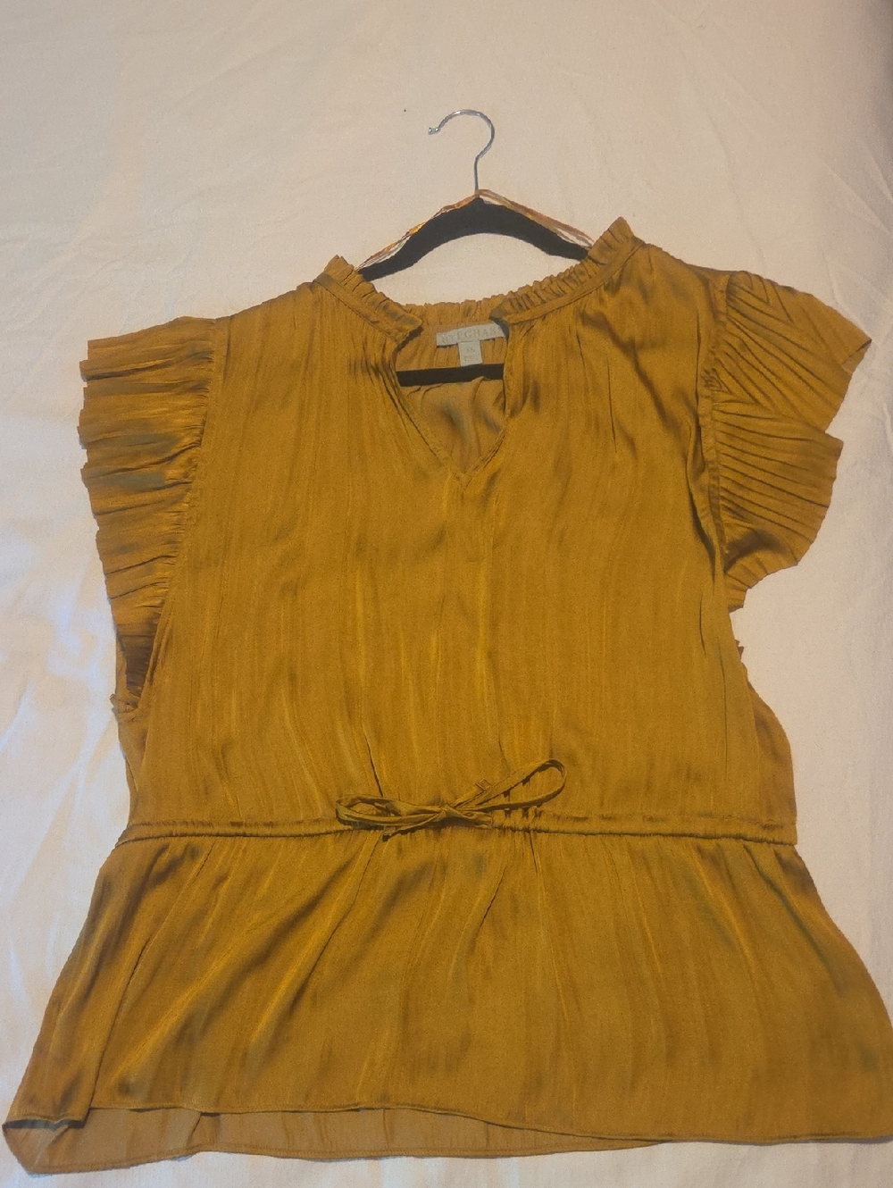 Womens Mustard Short Sleeve Ruffle Waist Tie Blouse